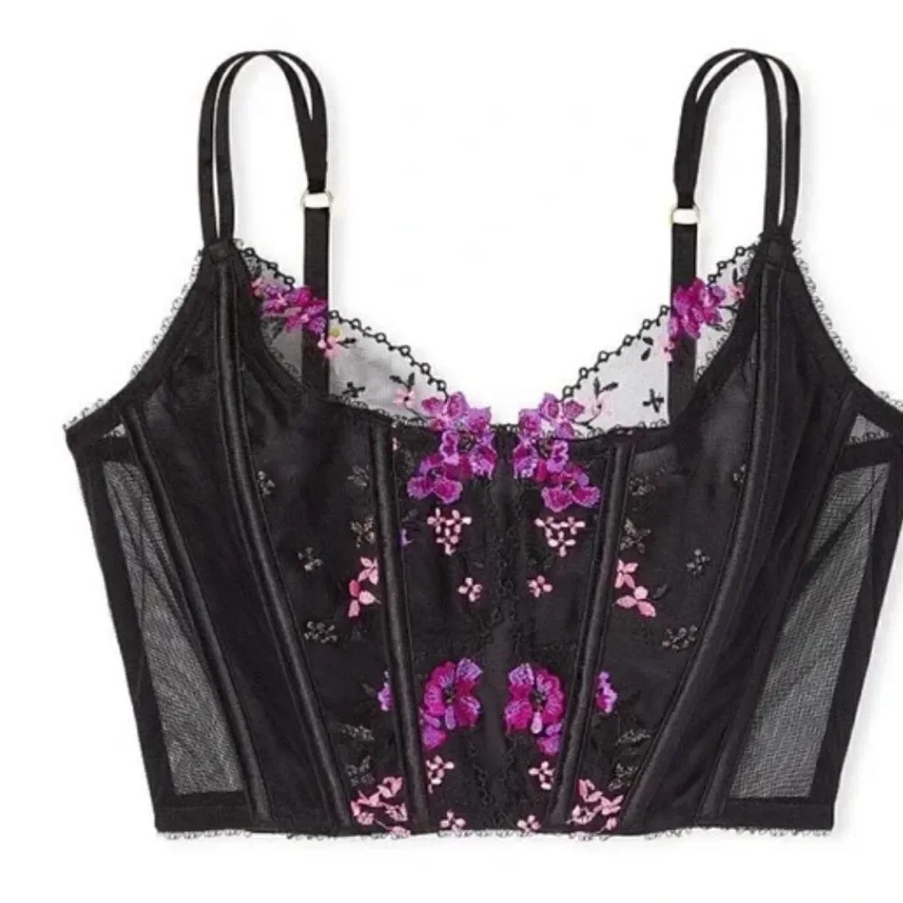 Victorias Secret Very Sexy Unlined Black Floral Embroidery Corset Top